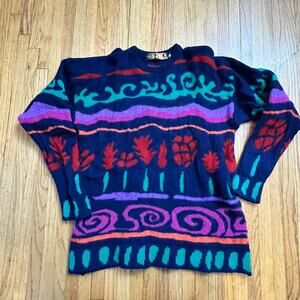 Scotland Sweater Womens XL Maban Print Colorful Wool Blue Green Pink